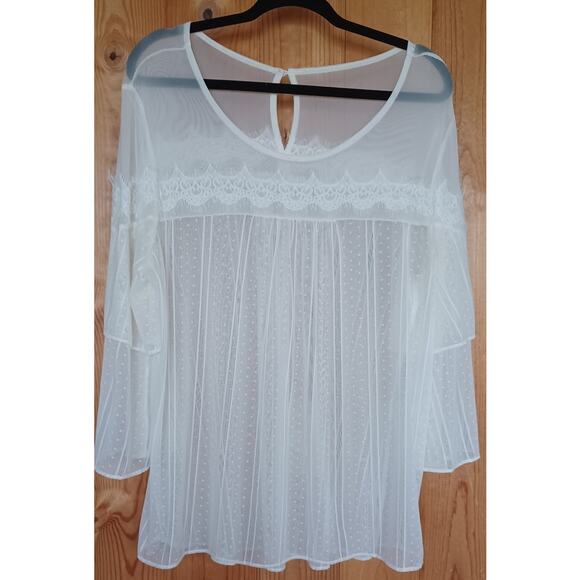 Cato Sheer Mesh Lacy Blouse Women's Large Cream Color Tiered Sleeves Boho Fairy - Picture 3 of 8